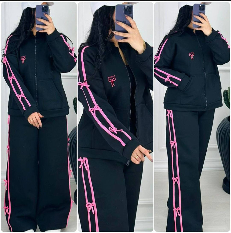 ست سویشرت شلوار پاپیونی ترند زنانه مشکی صورتی ارسال رایگان
