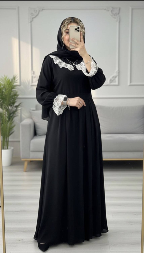پیراهن بلند الیزه مشکی یقه توری ارسال رایگان