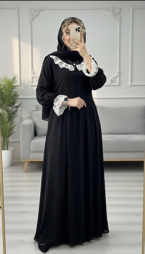 پیراهن بلند الیزه مشکی یقه توری ارسال رایگان