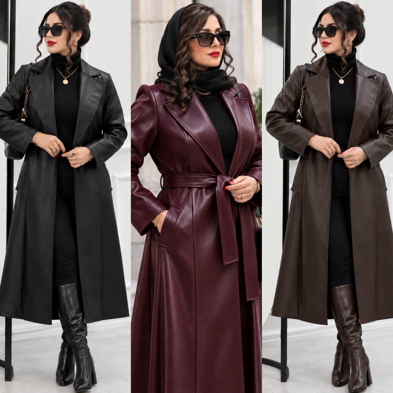 پالتو چرم بلند زنانه کمربند دار ارسال رایگان